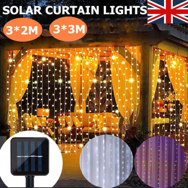 300 LED Solar Curtain Fairy String Lights Hanging Patio Window Outdoor Garden UK
