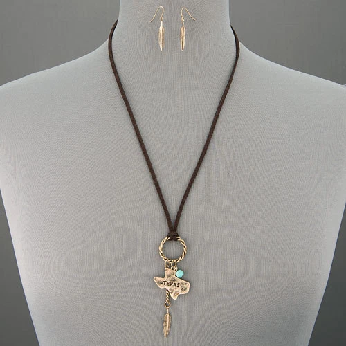 Brown Suede Gold Texas State Hammered Feather Pendant Necklace With Earrings