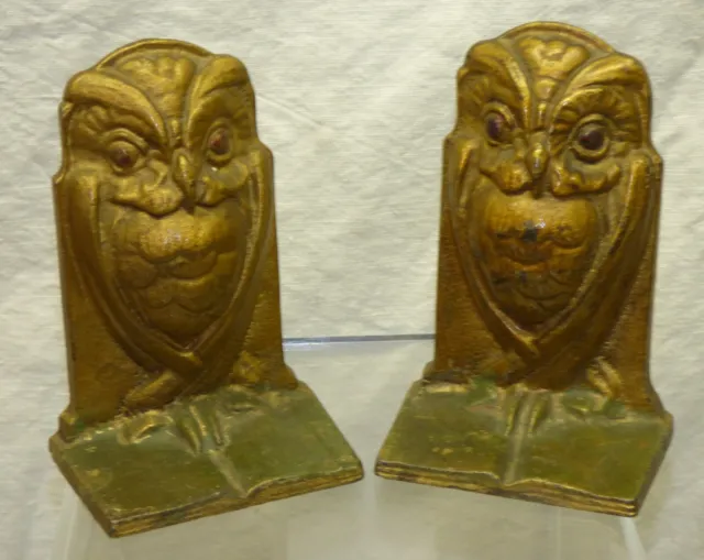 Pair Cast Iron Owl Bookends 4" Original Paint Art Nouveau Deco Vtg Old Bronmet