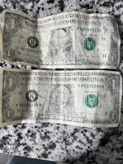 Lot Of 2 $1 Dollar Bill Insufficient Missing Ink Error Note Paper Money