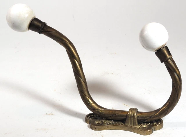 Large Vintage Coat Hat Double Hook Brass Ceramic Knobs