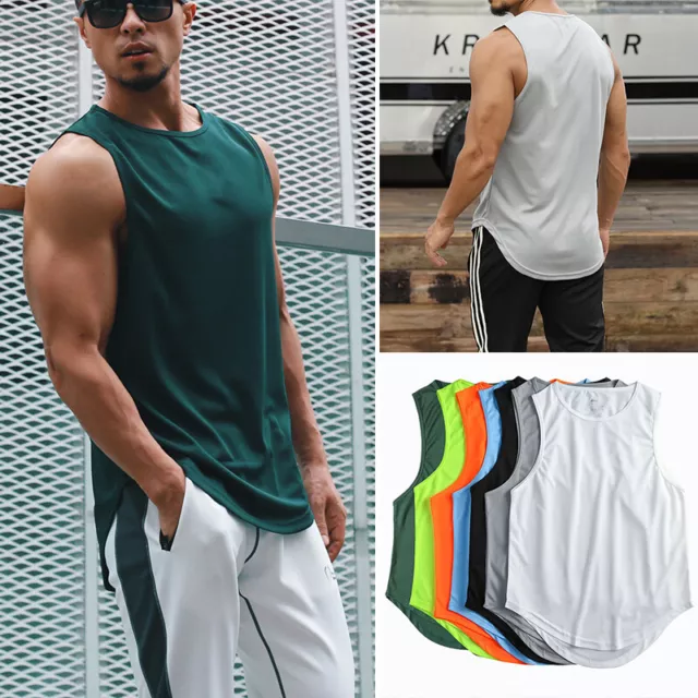 Uomo T Shirt Casual Canottiera Tinta Unita Palestra Muscoli Bodybuilding Gilet -