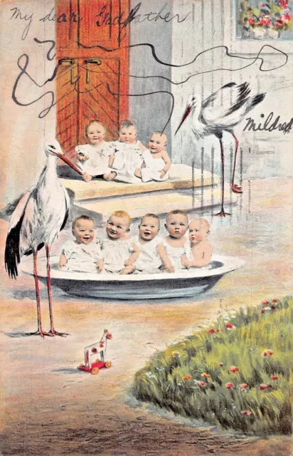 Storks-Lots De Bébés En Bol & Sur Porch-Toy Cheval ~1905 Pmk Carte Postale