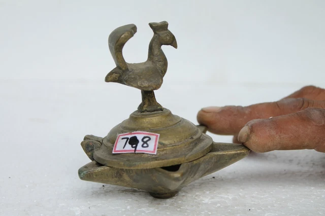 Antique Old Hand Crafted Brass Peacock Engraved Oil Lamp Rich Patina NH798