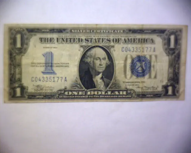 1934  One Dollar $1 Silver Certificate Funny Back, Blue Seal, No Motto