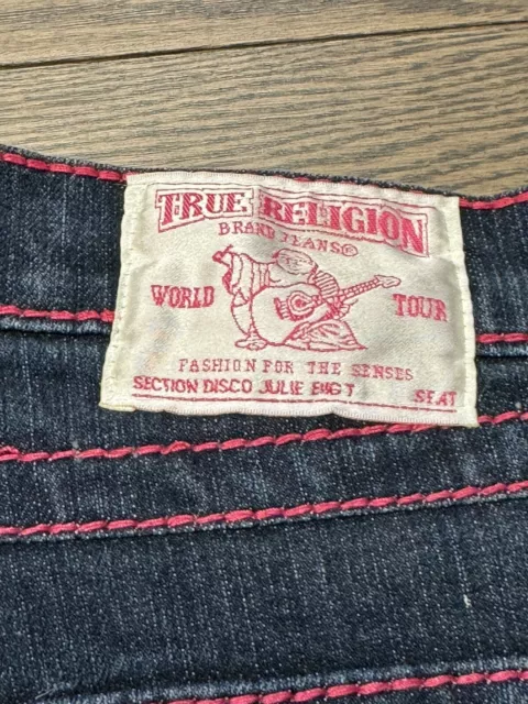 True Religion Jeans Womens Sz 31 Disco Julie Big T PINK Rhinestone Stitch Denim 2