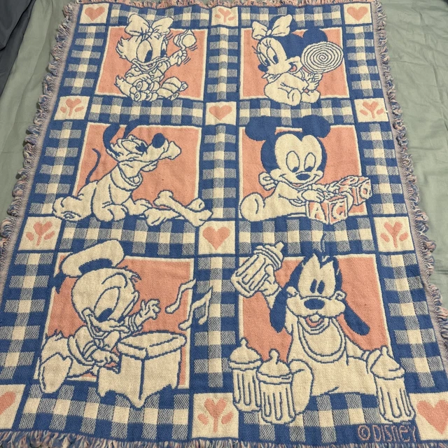 DISNEY VINTAGE WOVEN Knit Baby Blanket Mickey Mouse Minnie Donald Duck