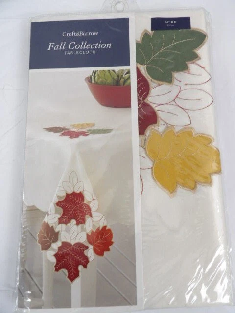 Croft & Barrow Fall 70" Round Polyester Tablecloth Ivory w/Applique Leaves NEW