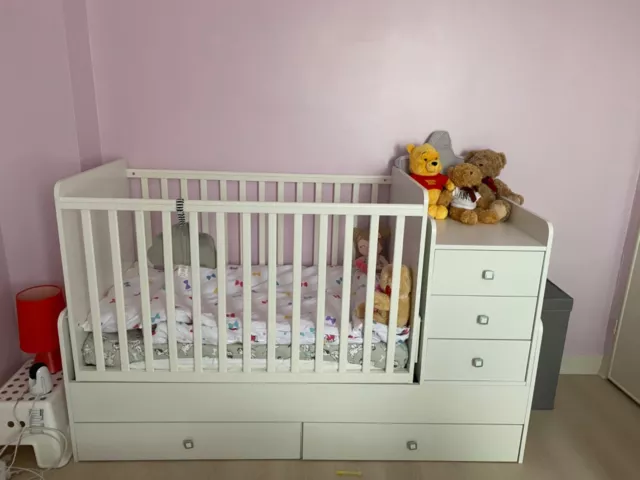 White Toddler cot bed with storage drawers