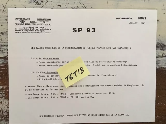 Motobécane Motoconfort SP93 note technique problème fusible 1971 SP 93