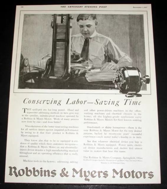 1917 Old Magazine Print Ad, Robbins & Myers Motors, Conserving Labor And Time!