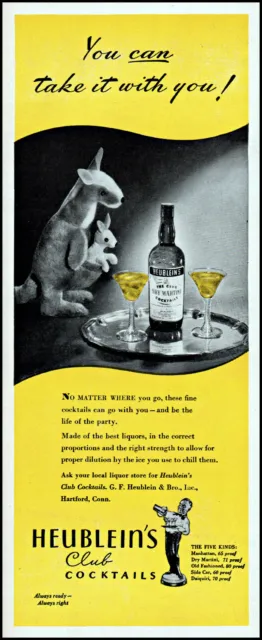 1945 Kangaroo pouch baby Heublein's Club cocktails vintage art Print Ad adL98