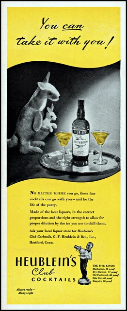 1945 Kangaroo pouch baby Heublein's Club cocktails vintage art Print Ad adL98