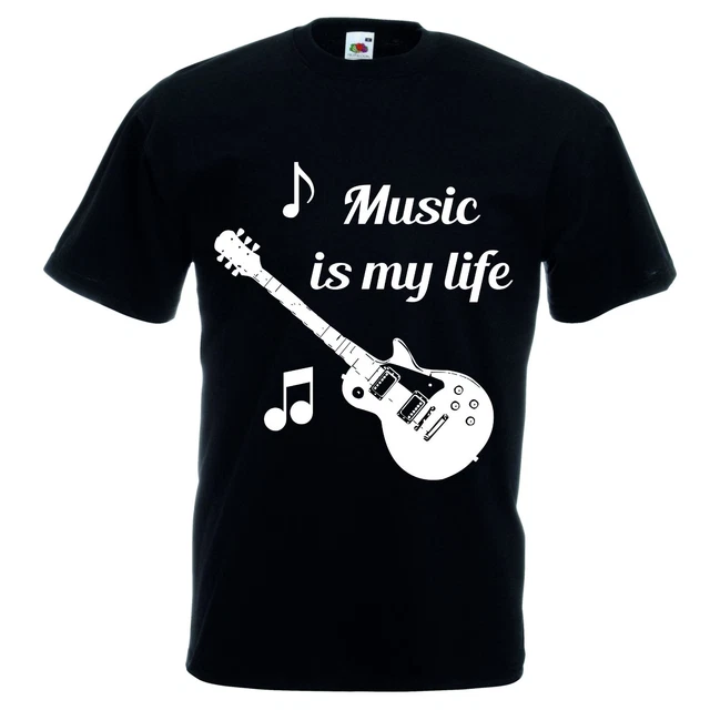 T-shirt  corta bianca o nera donna uomo scritta music is my life chitarra