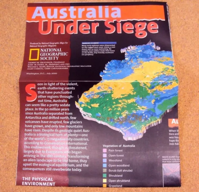 National Geographic July 2000 Map Poster Australia Under Siege Physical Animals