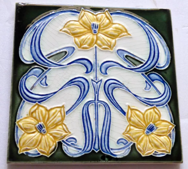 wow RARE 3 Yellow Flowers Art Nouveau Tile Jugendstil Fliese Florennes Belgium