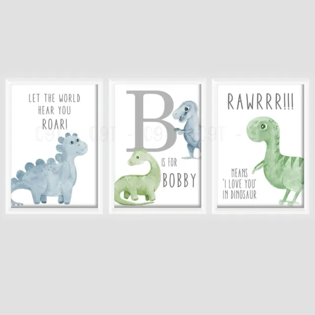 Boys Dinosaur Personalised PRINTS ONLY A4 Nursery Room Blue Green Grey Dino Roar