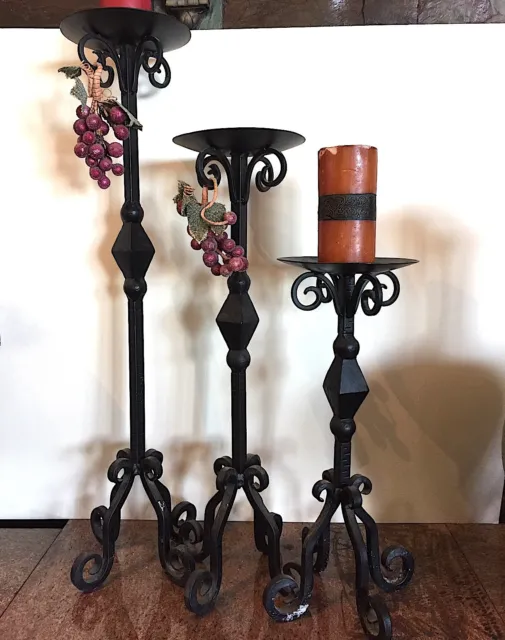 3 Candle Stick Holder Wrought Iron TALL Black Hand-Forged 30" tallest 18" short