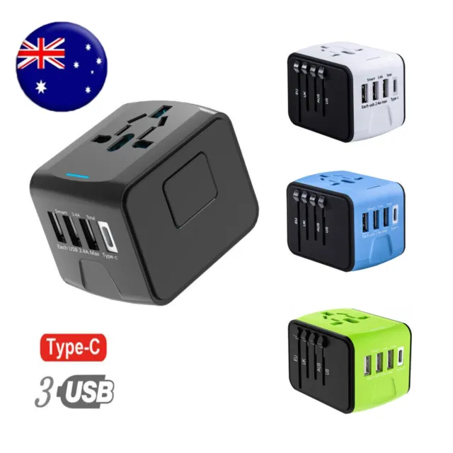 International Universal Travel Adapter With 3 USB+ Type C AC Power Charger AU