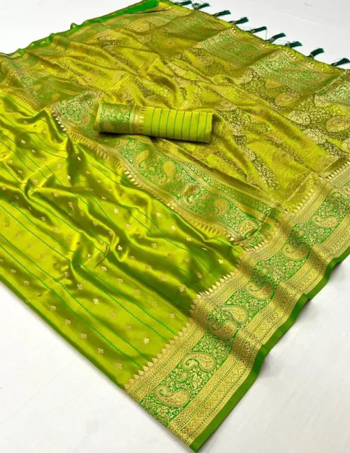 Women Indian Wedding Green Silk Saree Designer Bollywood Style Zari Weaving Sari 3
