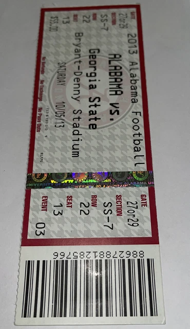 Alabama Football Vs Georgia State game Day ticket Stub. 2013.