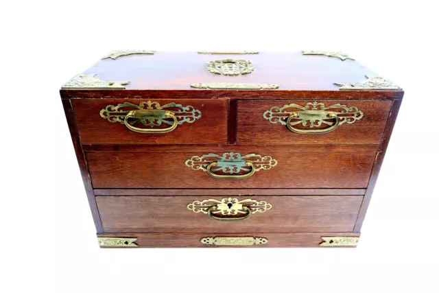Vintage Japanese Wooden Jewelry Box with Brass Hardware ~ 4 Drawer ~ 15" Across