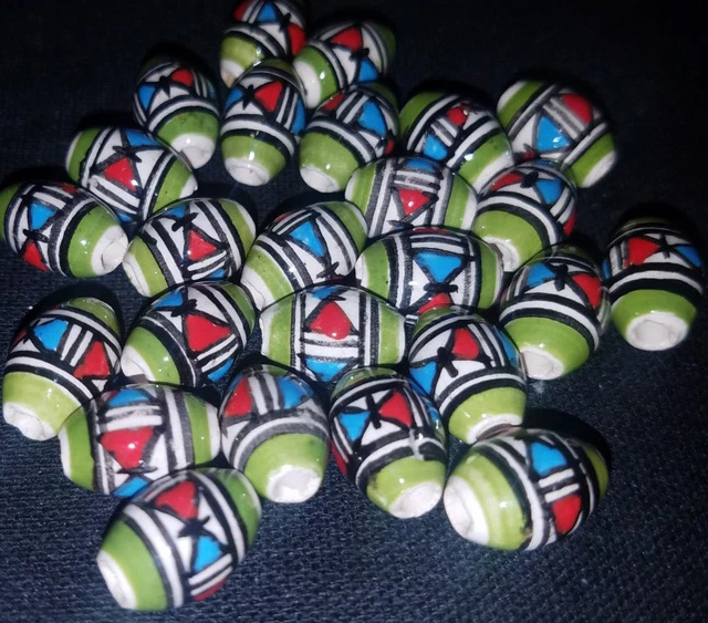 25 Keramik Perlen 14 mm,Olive oval grün orange,Inka Muster,Indianer Schmuck 2