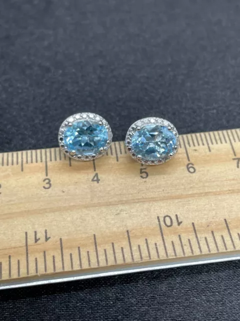 Platinum Over Sterling Blue Topaz/Tiny Diamond Earrings- 3.1 Grams- Estate Find