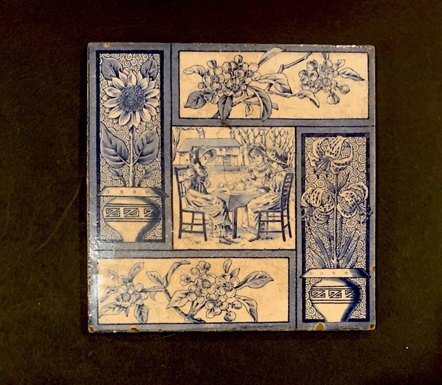 Antique Kate Greenaway Hand Painted Tile c. 1880 T & R Boote England