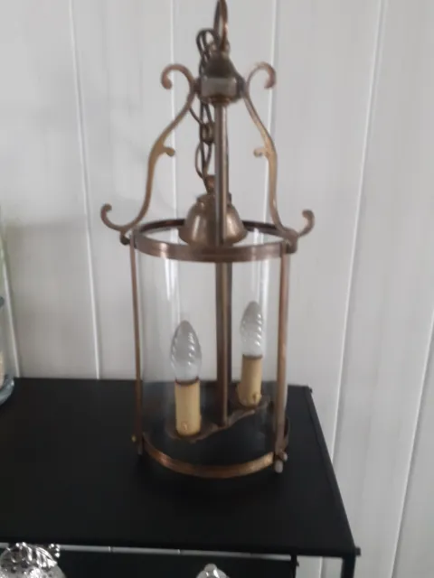 Lustre ou suspension ancienne laiton et verre Style lanterne ronde 2 feux