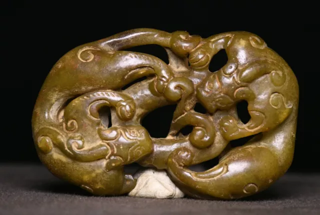 6CM Old China Dynasty Natura Jade Wouble Dragon Loong Beast Yubi Amulet Pendant