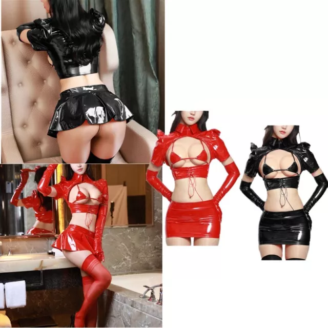 Women's Wet Look Lingerie Bunny Girl Cosplay Costume Patent Leather Skirt Outfit