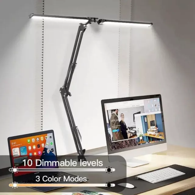 Double Head LED Desk Lamp Clamp Swing Arm Eye-Caring Dimmable 10 Brightness USA