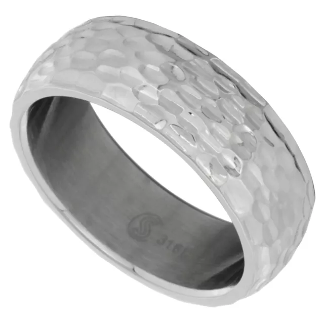 8mm Stainless Steel HAMMERED FINISH Comfort Fit Domed Wedding Band Ring