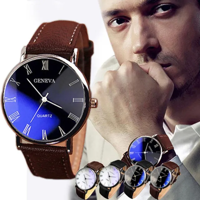 Fashion Sport Men's Stainless Steel Case Leather Band Quartz Analog Wrist Watch