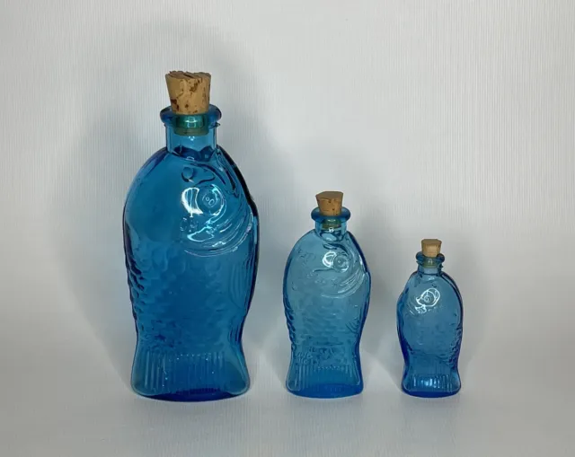 VTG Fisch's Bitters Three (3) Glass Bottles Blue Fish Taiwan Made Wheaton Style