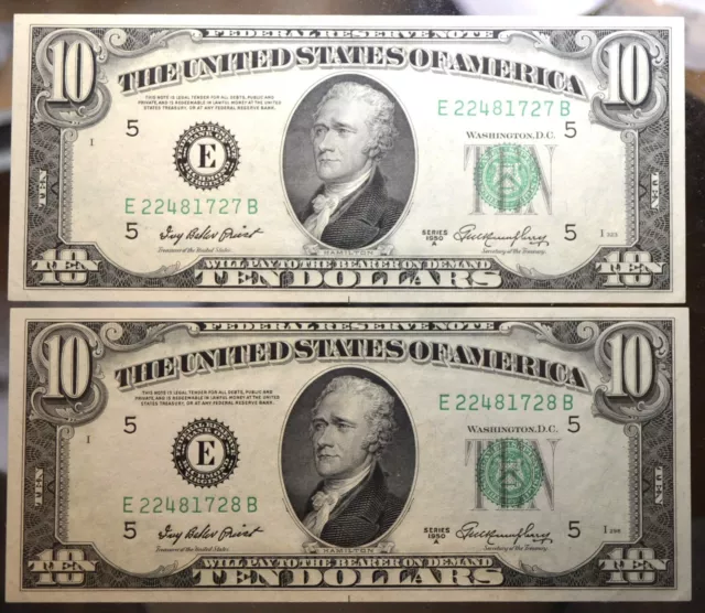 1950 A Ten Dollar Bill $10 Federal Reserve Note TWO CONSECUTIVE Notes Gem Crisp