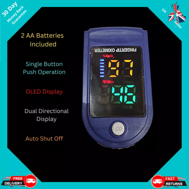 Fingertip Pulse and Blood Oxygen Saturation Level Monitor Oximeter + Batteries