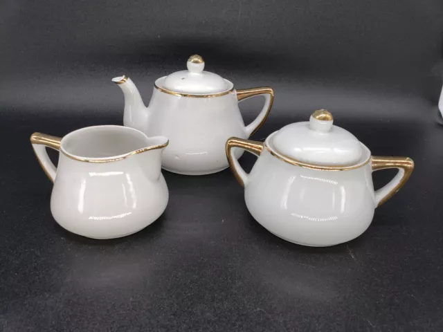 Meito China White Child Teapot Creamer Sugar Bowl Hand Painted Gold Edge Japan