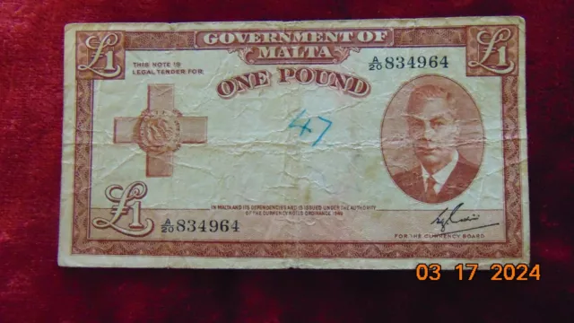 24.03 #52: MALTA 1 Pound King Geo VI Law: 1949 P-22 Circulated