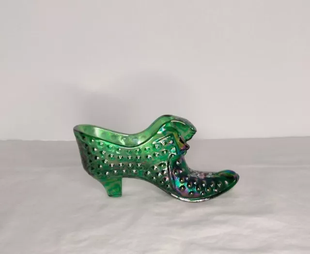 Fenton Glass Green Iridescent Hobnail Shoe Slipper Hand Painted
