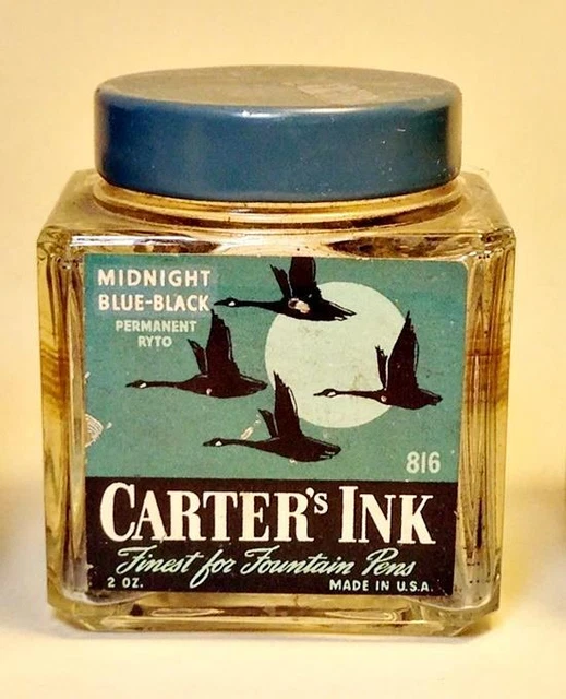 Vtg Carters Fountain Pen Ink MIDNIGHT BLUE-BLACK Square Jar FLOCK GEESE MOON Lid