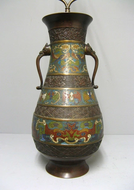 Antigua Lámpara de Jarrón Bronce Chino Cloisonne Montada Asiática China A Mano Rara Art19th
