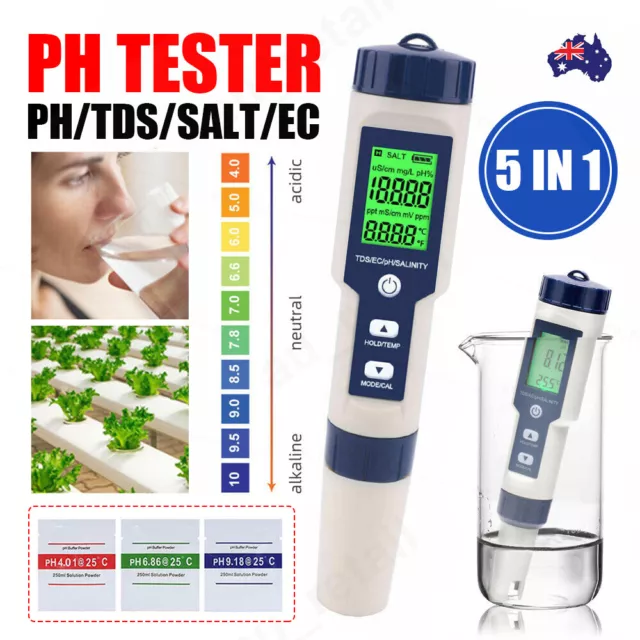 5 in1 PH EC TDS Salinity Temp Pen Meter LCD Digital Water Quality Monitor Tester