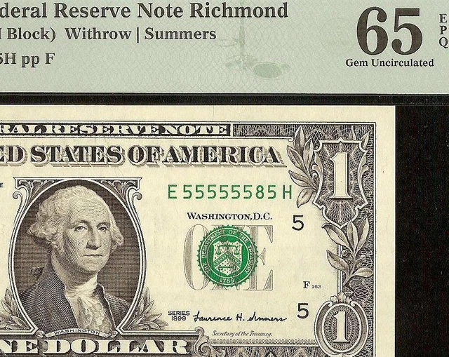 1999 $1 Dollar 555555 5 Near Solid Serial Number 7 Of A Kind Note Pmg 65 Epq