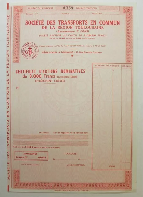 certificat d actions: Sté des transports de la region Toulousaine F.Pons ( 391 )
