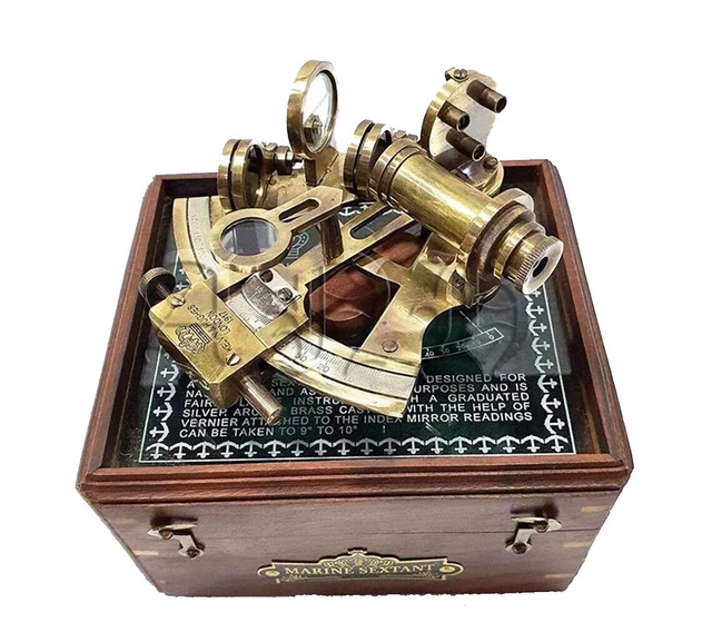 Sextant Vintage Marine Avec Boussole Et Boîte En Bois - Reproduction Antique Laiton Et Bois