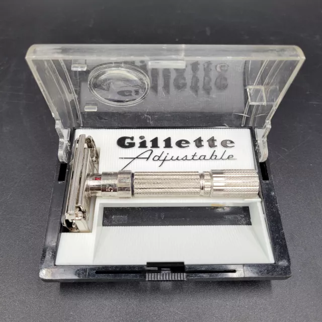 Vintage 1961 Gillette Fatboy Adjustable 1-9 DE TTO Razor Date Code G-1 w/ Case