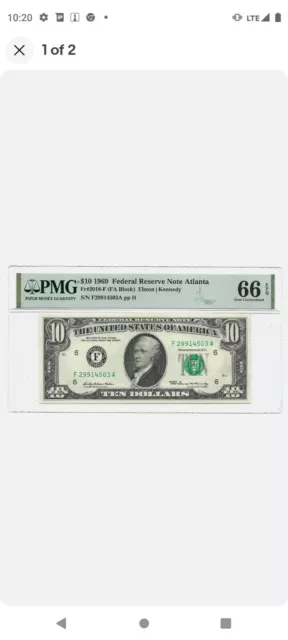 1969 A $10 Federal Reserve Note Atlanta Fr.2019-F Fa Block Pmg Gem Unc 66 Epq