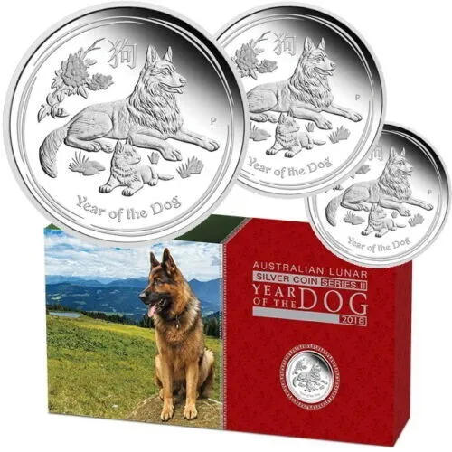 Australia 2018 YEAR DOG Chinese Lunar 3 Coin Silver German Shepherd Proof Set
